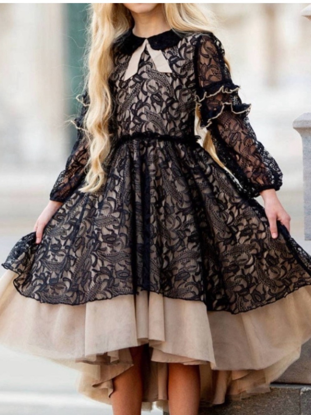 Elegant Black Lace & Beige Tulle Girls' Dress by Joyfolie. 6t
